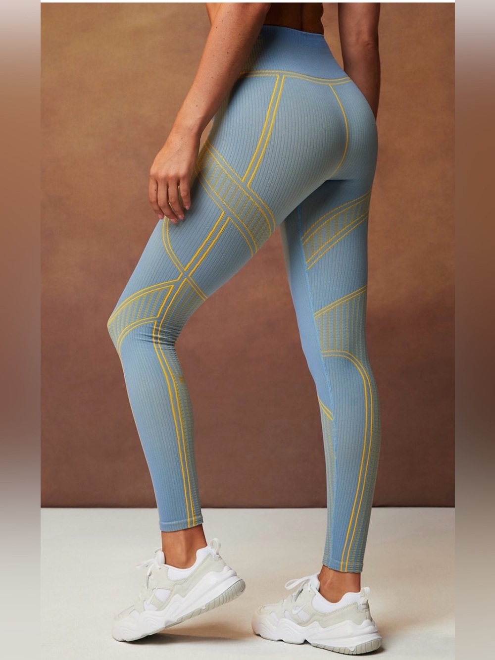 Fabletics Blue Ribbed High-Waist Leggings with Yellow Contrast